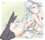  1girl artist_name black_legwear blue_eyes bra dated falco_arrow flat_cap green_background hair_between_eyes hat hibiki_(kantai_collection) highres kantai_collection legs_up long_hair looking_at_viewer looking_back lying on_stomach panties parted_lips shirt shoes_removed solo sports_bra thigh-highs underwear verniy_(kantai_collection) white_border white_bra white_hair white_panties white_shirt 