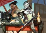  2boys alcohol bottle brothers cyborg genji_(overwatch) gourd greaves hanzo_(overwatch) japanese_clothes male_focus midomido multiple_boys overwatch sake siblings sitting tattoo 