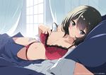  1girl bed bed_sheet black_eyes black_hair bra breasts curtains highres joukamachi_no_dandelion kasuga_ayumu_(haruhipo) looking_at_viewer lying on_side panties red_bra red_panties sakurada_kanade short_hair solo underwear underwear_only window 