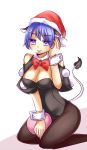  1girl aisa_(micuma) animal_ears bare_shoulders between_legs blob blue_eyes blue_hair bow breasts bunnysuit cleavage detached_collar doremy_sweet hat highres kneeling leotard nightcap open_mouth pantyhose parted_lips playboy_bunny_leotard pom_pom_(clothes) rabbit_ears short_hair smile solo tail tapir_tail touhou wrist_cuffs 