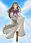1girl blue_eyes boots breasts brown_hair dress dress_lift female hair_ornament highres long_dress long_hair medium_breasts nintendo pointy_ears princess_zelda skirt_hold smile solo the_legend_of_zelda the_legend_of_zelda:_twilight_princess tiara triforce yuino_(fancy_party)