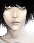  1boy artist_request black_eyes black_hair death_note l looking_at_viewer male_focus solo source_request white_background 