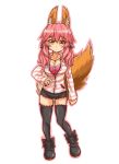  1girl animal_ears black_legwear bra breasts cleavage collarbone fate/extra fate_(series) fox_ears fox_tail full_body gankon hand_on_hip highres jewelry large_breasts looking_at_viewer necklace open_clothes pink_bra pink_hair simple_background solo standing tail tamamo_(fate)_(all) tamamo_no_mae_(fate) thigh-highs underwear white_background yellow_eyes 