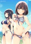  2girls a-1_pictures arms_behind_back ass bikini black_hair blue_bikini blush breasts brown_eyes brown_hair cleavage fujimi_shobo gluteal_fold groin hairband kadokawa_shoten kasumigaoka_utaha katou_megumi long_hair looking_at_viewer medium_breasts mizoguchi_keiji mizoguchi_keiji_(style) multiple_girls navel red_eyes saenai_heroine_no_sodatekata short_hair smile square_enix standing striped striped_bikini swimsuit twitter_username under_boob 