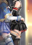  2girls bare_shoulders bismarck_(zhan_jian_shao_nyu) blonde_hair capelet chinese dated elbow_gloves epaulettes finger_to_mouth gloves head_out_of_frame highres hood_(zhan_jian_shao_nyu) hug iron_cross long_hair military multiple_girls plaid plaid_skirt pleated_skirt shardine shushing skirt thigh-highs yuri zhan_jian_shao_nyu 