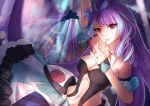  1girl :d absurdres aircraft arm_up armband artist_request bare_shoulders black_gloves blush breasts cleavage dress eyelashes finger_to_mouth gloves half_gloves hand_up highres long_hair looking_at_viewer macross macross_delta medium_breasts mikumo_guynemer navel open_mouth purple_hair red_eyes skirt smile solo stomach striped striped_skirt tsurime 