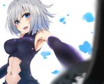  1girl :d alternate_costume armor armored_dress armpits bare_shoulders blue_eyes blurry blush breasts cosplay dress elbow_gloves fate/grand_order fate_(series) gloves hair_ornament hair_over_one_eye hairclip hamakaze_(kantai_collection) kantai_collection large_breasts look-alike looking_at_viewer navel open_mouth shield shielder_(fate/grand_order) shielder_(fate/grand_order)_(cosplay) shinta_(the-mattyaman) short_hair silver_hair sleeveless sleeveless_dress smile solo white_background 