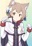  1boy :3 androgynous animal_ears blush bow brown_eyes brown_hair cape cat_ears clenched_hands coat felix_argyle gloves gradient gradient_background hair_bow head_tilt highres long_sleeves looking_at_viewer male_focus mzrz paw_pose re:zero_kara_hajimeru_isekai_seikatsu short_hair simple_background solo white_gloves 
