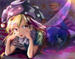  1girl american_flag_dress american_flag_legwear american_flag_shirt blonde_hair clownpiece dress earrings fairy fairy_wings frilled_shirt_collar frills hat hizagawa_rau jester_cap jewelry long_hair lying on_stomach pantyhose short_sleeves solo tongue tongue_out touhou very_long_hair wings 