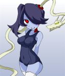  1girl blue_skin breasts hair_over_one_eye leviathan_(skullgirls) misaki_naoe red_eyes side_ponytail skullgirls squigly_(skullgirls) stitched_mouth swimsuit thigh-highs zombie 