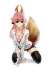  1girl animal_ears black_legwear blush breasts cleavage collarbone fate/extra fate/grand_order fate_(series) fox_ears fox_tail green322 jewelry large_breasts light_smile looking_at_viewer necklace open_clothes open_shirt pink_hair shirt simple_background solo tail tamamo_(fate)_(all) tamamo_no_mae_(fate) thigh-highs white_background yellow_eyes 