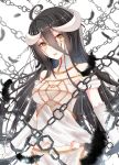 +_+ 1girl absurdres albedo black_feathers black_hair breasts chains cleavage elbow_gloves gloves groin highres horns long_hair looking_at_viewer overlord_(maruyama) re:rin solo strapless white_gloves yellow_eyes 