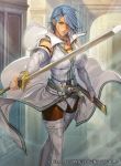  1girl blue_eyes blue_hair boots breasts cleavage copyright_name feet_out_of_frame female fingerless_gloves fire_emblem fire_emblem:_akatsuki_no_megami fire_emblem_cipher gloves hair_over_one_eye holding holding_sheath holding_sword holding_weapon homare_(fool&#039;s_art) jewelry large_breasts lucia_(fire_emblem) necklace official_art pantyhose short_hair solo standing sword thigh-highs thigh_boots thighhighs unsheathed weapon white_boots white_legwear 