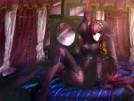  1girl bed bodysuit breasts covered_navel curtains fate/grand_order fate_(series) gae_bolg highres large_breasts long_hair mirror on_bed red_eyes redhead scathach_(fate/grand_order) solo takuan_lte veil 
