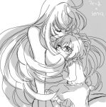  2girls between_breasts bow breasts closed_eyes dress eyebrows eyebrows_visible_through_hair fine_(symphogear) greyscale hair_ribbon hand_on_another&#039;s_head head_between_breasts hime_cut hug ivory_(25680nico) large_breasts lineart long_hair looking_at_another monochrome multiple_girls nude ribbon senki_zesshou_symphogear simple_background smile tears translated twintails very_long_hair white_background younger yukine_chris yuri 