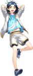  1boy :d alternate_costume arms_behind_head blue_hair feathers full_body hair_feathers jacket male_focus midriff navel official_art open_clothes open_mouth open_track_jacket personification shorts smile solo taikogane_sadamune toichi_(ik07) touken_ranbu track_jacket yellow_eyes 