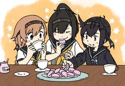  3girls akizuki_(kantai_collection) anchor_symbol betchan black_eyes black_hair blue_eyes braid brown_eyes brown_hair closed_eyes cookie cup dessert drinking eating flower_(symbol) food food_on_face hair_flaps hairband hatsuzuki_(kantai_collection) indoors jacket kantai_collection kitchen low_ponytail macaron multiple_girls oven pastry plate ponytail saucer school_uniform simple_background sweater_jacket sweets table teacup teruzuki_(kantai_collection) twin_braids whisker_markings 