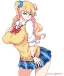  1girl blonde_hair blue_eyes breasts earrings galko hair_bun hair_ornament hair_scrunchie isao jewelry large_breasts leaning_forward long_hair looking_at_viewer oshiete!_galko-chan pleated_skirt school_uniform scrunchie side_ponytail simple_background skirt sleeves_rolled_up smile solo standing sweater_vest twitter_username watch watch white_background 