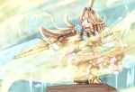  1girl armor armored_boots baram blonde_hair blue_eyes blush boots charlotta_(granblue_fantasy) crown dress gauntlets granblue_fantasy holding holding_sword holding_weapon long_hair open_mouth outstretched_arm petals pointy_ears puffy_sleeves shield solo standing sword very_long_hair weapon 