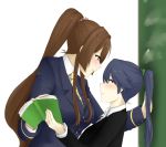  2girls alternate_costume artist_request blush book breasts height_difference houshou_(kantai_collection) huge_breasts kantai_collection long_hair multiple_girls necktie open_mouth ponytail udon-udon yamato_(kantai_collection) yuri 
