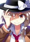  &gt;:) adjusting_clothes adjusting_hat black_hat bow brown_jacket close-up closed_mouth collared_shirt e.o. face fedora fingernails hat hat_bow jacket long_fingernails necktie open_clothes open_jacket red_necktie shaded_face shirt smile touhou upper_body usami_renko white_bow wing_collar 