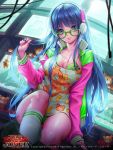  10s 1girl 2010 2014 bear_print blue_eyes blue_hair bra breasts cleavage company_name copyright_name english floral_print furyou_michi_~gang_road~ glasses green-framed_glasses green_bra green_panties headphones heart_print jacket kneehighs large_breasts long_hair long_sleeves looking_at_viewer monitor number open_clothes open_jacket panties pantyshot pantyshot_(sitting) shirt sitting sleeves_past_wrists solo soo_kyung_oh striped striped_legwear stuffed_animal stuffed_toy teddy_bear underwear very_long_hair watermark white_legwear white_shirt wire 
