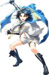  1boy blood blue_hair boots cape feathers full_body hair_feathers injury male_focus official_art open_mouth personification shorts solo sword taikogane_sadamune tantou toichi_(ik07) torn_cape torn_clothes touken_ranbu weapon yellow_eyes 
