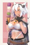  1girl :p bangs breasts cape collar commentary_request dark_skin english finger_licking food glasses gloves hair_flaps hairband holding holding_food ice_cream ice_cream_cone kantai_collection large_breasts licking musashi_(kantai_collection) nail_polish navel non_(nonzile) partly_fingerless_gloves pink_background sarashi skirt thumb_to_mouth tongue tongue_out white_hair 