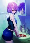  1girl bathroom blood cowboy_shot evil_smile from_side looking_at_viewer mirror original purple_hair red_eyes short_hair shorts sink smile solo sukja toothbrush toothpaste towel towel_around_neck towel_rack 