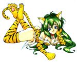  1girl animal_ears blue_hair breasts cat_ears cat_tail cleavage elbow_gloves full_body gloves green_eyes long_hair looking_at_viewer lowres paw_shoes shoes smile solo tail thigh-highs tiger_print transparent_background yasunaga_oyama 