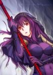  1girl aliesta bodysuit breasts fate/grand_order fate_(series) gae_bolg holding holding_weapon large_breasts long_hair polearm purple_hair red_eyes scathach_(fate/grand_order) solo spear veil weapon 
