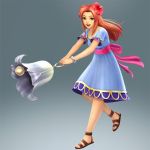  1girl 3d :d bell blue_dress brown_eyes dress female flower full_body gradient gradient_background hair_flower hair_ornament jewelry long_hair marin_(the_legend_of_zelda) necklace official_art open_mouth redhead sandals smile solo the_legend_of_zelda the_legend_of_zelda:_link&#039;s_awakening zelda_musou 