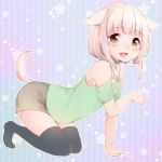  1girl :d all_fours animal_ears azuki_(krps-hano) black_legwear blush brown_eyes brown_hair choker dog_ears dog_tail full_body green_shirt highres long_hair no_shoes open_mouth original outline shirt smile solo star striped tail thigh-highs vertical-striped_background vertical_stripes 