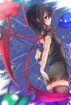  1girl ahoge arms_behind_back ass asymmetrical_wings back_cutout black_dress black_hair black_legwear blurry blush borushichi depth_of_field dress from_behind houjuu_nue open_mouth pointy_ears profile short_dress short_sleeves skindentation smile solo standing star teeth thigh-highs touhou ufo wings zettai_ryouiki 