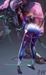  1girl ass bodysuit brown_hair character_name d.va_(overwatch) damaged facial_mark from_behind full_body gloves headphones headset highres leaning_forward long_hair looking_at_viewer looking_back mecha meka_(overwatch) overwatch parted_lips pilot_suit rikamello solo standing watermark web_address whisker_markings white_gloves wire 