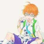  1boy ahoge aoi_kyousuke blue-framed_glasses blue_necktie bracelet gift_card glasses hexagon hooded_vest idolmaster idolmaster_side-m jewelry looking_down male_focus matching_hair/eyes nakasaka_sakana necktie open_mouth orange_eyes orange_hair socks solo sweatdrop wristband 