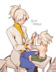  1boy 1girl arm_wrap bandage belt blonde_hair blue_pants blush eyebrows hair_ornament hair_tie junkrat_(overwatch) labcoat long_sleeves mercy_(overwatch) overwatch pants ponytail ribbed_sweater shorts sitting spiky_hair sweater turtleneck yellow_sweater younger 