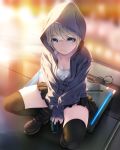  1girl black_legwear black_skirt blue_eyes blush boots breasts can cleavage collarbone eyebrows eyebrows_visible_through_hair hood hoodie looking_at_viewer original pleated_skirt rezi short_hair silver_hair sitting skirt small_breasts solo tank_top thigh-highs zettai_ryouiki 