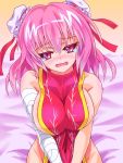  1girl bandage bandaged_arm breasts bun_cover chinese_clothes double_bun hair_bun highres ibaraki_kasen large_breasts naked_tabard pink_eyes pink_hair short_hair solo tabard tears touhou zephid 