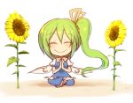  1girl ^_^ chibi closed_eyes daiyousei fairy_wings flower green_hair hair_ribbon indian_style kuresento long_hair ribbon side_ponytail sitting smile solo sunflower touhou very_long_hair wings 