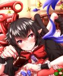  1girl asymmetrical_wings black_dress black_hair blush chocolate dress fork highres houjuu_nue lying on_stomach red_eyes short_hair smile solo star thigh-highs touhou ufo valentine wings zan_(harukahime) 