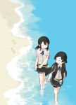  2girls barefoot beach bike_shorts black_hair black_skirt blue_ribbon buttons closed_eyes commentary footprints glider_(artist) gloves gloves_removed hair_ornament hairclip highres kantai_collection kuroshio_(kantai_collection) long_hair looking_back multiple_girls neck_ribbon no_legwear ocean open_mouth oyashio_(kantai_collection) pleated_skirt ribbon sand school_uniform shirt short_hair short_sleeves shorts_under_skirt skirt vest vest_removed water white_gloves white_shirt 