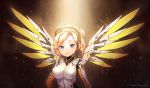  1girl absurdres armor artist_name blonde_hair blue_eyes bodysuit breastplate breasts emblem eyebrows eyebrows_visible_through_hair headgear highres jewriel large_breasts lips looking_at_viewer mechanical_halo mechanical_wings mercy_(overwatch) overwatch ponytail short_hair short_ponytail smile solo spread_wings upper_body wing_print wings 