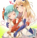  2girls aqua_hair blonde_hair blue_gloves closed_eyes dragon_girl dress elbow_gloves gloves gradient gradient_background heart highres horns hug looking_at_viewer multiple_girls parted_lips puzzle_&amp;_dragons red_gloves rushin ryuune saria_(p&amp;d) short_hair smile twitter_username yellow_eyes 