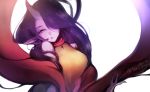  1girl adapted_costume alternate_hair_color alternate_hairstyle breasts horn league_of_legends long_hair looking_at_viewer miksdo pointy_ears purple_skin scarf simple_background soraka twitter_username very_long_hair white_background yellow_eyes 