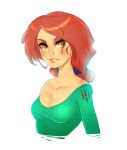  1girl breasts brown_eyes cleavage highres long_hair looking_at_viewer parted_lips redhead simple_background solo superboin the_witcher triss_merigold upper_body white_background 