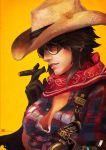  1girl absurdres bandanna bangs belt between_fingers blue_eyes bra breasts brown_hair buttons cape casual cigar cleavage closed_mouth cowboy_hat crop_top genderswap genderswap_(mtf) glasses gun hair_between_eyes handgun hat highres holding holding_cigar holster lace lace-trimmed_bra looking_at_viewer mccree_(overwatch) mechanical_arm monori_rogue open_clothes open_shirt overwatch pistol scarf sheath sheathed shirt short_hair sidelocks simple_background solo taut_clothes taut_shirt torn_clothes torn_hat unbuttoned unbuttoned_shirt underwear upper_body weapon 