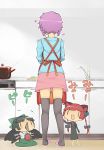  3girls apron back black_hair black_legwear chibi cooking highres kaenbyou_rin komeiji_satori multiple_girls pink_hair redhead reiuji_utsuho touhou zuttokodomo |_| 