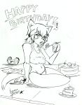  ! 1girl animal_ears birthday_cake cake claws dog_ears dog_tail dumbbell eating food fur furry greyscale happy_birthday headband highres kobold monochrome monster_girl monster_musume_no_iru_nichijou navel nayaase_beleguii open_mouth panties polt shadow shorts_removed signature sitting sketch solo speech_bubble spoken_exclamation_mark spoon tail tank_top traditional_media underwear underwear_only 