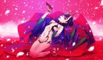  1girl :d alcohol barefoot barefoot_sandals blush fangs fate/grand_order fate_(series) flat_chest horns japanese_clothes kimono kneeling looking_at_viewer matsuryuu navel oni open_clothes open_kimono open_mouth petals purple_hair revealing_clothes sakazuki sake short_hair shuten_douji_(fate/grand_order) smile solo teeth violet_eyes 